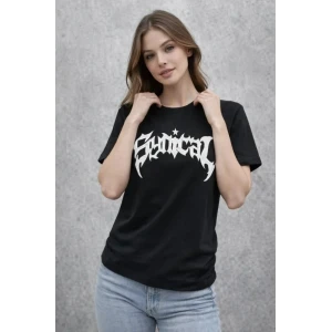 Bisiklet Yaka Ön Baskılı  Kısa Kollu Tişört Streetwear Günlük Basic Pamuklu T-shirt - Siyah
