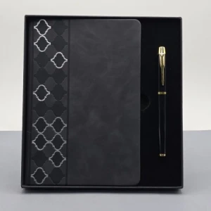 Desenli Siyah Deri Defter Kalem Set