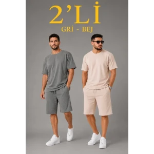 Erkek 2’li Oversize Tişört Şort Takım Seti Yazlık İki İplik Kumaş - Gri, Bej
