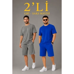 Erkek 2’li Oversize Tişört Şort Takım Seti Yazlık İki İplik Kumaş - Gri, Saks Mavisi