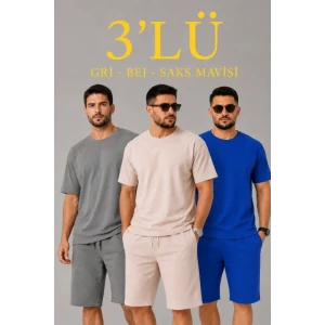 Erkek 2’li Oversize Tişört Şort Takım Seti Yazlık İki İplik Kumaş - Gri, Saks Mavisi, Bej