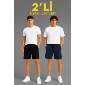 Erkek 2li Pamuklu Şort 3 İplik Şardonsuz Cepli Lastikli Bağcıklı Regular Fit - Siyah - Lacivert