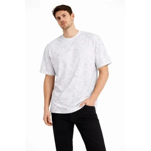 Erkek Asit Yıkama Bisiklet Yaka Kısa Kollu Oversize T-shirt Tişört - Beyaz
