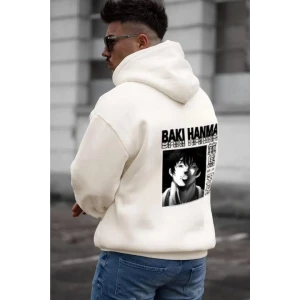 Erkek Baskılı Kapüşonlu Ve Kordon İpli Sweat - Beyaz