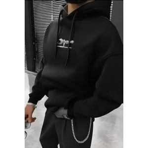 Erkek Baskılı Kapüşonlu Ve Kordon İpli Sweat - Siyah