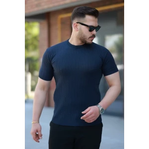 Erkek Bisiklet Yaka Örgü Desenli Kısa Örme Triko Kısa Kollu T-shirt