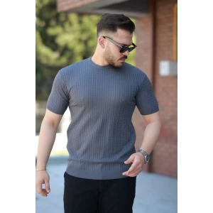 Erkek Bisiklet Yaka Örgü Desenli Kısa Örme Triko Kısa Kollu T-shirt
