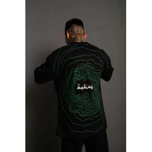 Erkek Bisiklet Yakalı Sırt Baskılı Oversize T-shirt - Siyah
