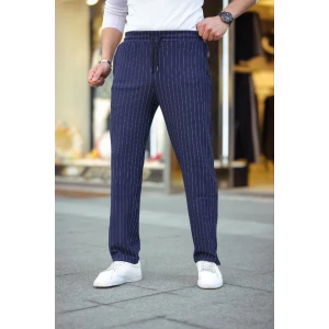 Erkek Cizgili Dokuma Krep Jogger Buggy Pantalon Rahat Kalıp - Lacivert