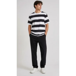 Erkek Çizgili Oversize Tişört Bisiklet Yaka Kısa Kol Yazlık T-shirt - Siyah