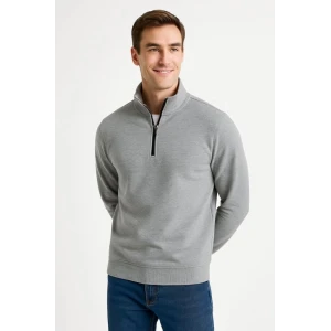 Erkek Dik Yaka Sweatshirt Dik Yaka Yarım Fermuarlı 3 İplik Şardonlu Pamuk Kumaş - Gri