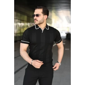 Erkek Dokulu Desen Yakalı Kısa Kollu Tişört