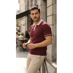Erkek Düğme Yakalı Kontrast Yaka Triko Tişört