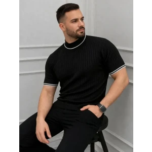 Erkek Fitilli Triko Dokuma Kısa Kol Tişört Yarım Boğaz Modern Yazlık T-shirt - Siyah
