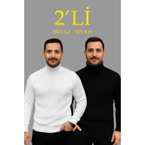Erkek Fitilli Triko Kazak 2li Set Beyaz Siyah Regular Balıkcı Yaka Tam Boğazlı Triko Seti Modeli Kazak