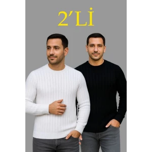 Erkek Fitilli Triko Kazak 2’li Set – Siyah - Beyaz, Kalın Dokuma Pamuklu Regular Fit Bisiklet Yaka Uzun Kollu Rahat Kışlık Kazak Kombini