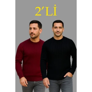 Erkek Fitilli Triko Kazak 2’li Set – Siyah - Bordo, Kalın Dokuma Pamuklu Regular Fit Bisiklet Yaka Uzun Kollu Rahat Kışlık Kazak Kombini