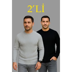 Erkek Fitilli Triko Kazak 2’li Set – Siyah - Gri, Kalın Dokuma Pamuklu Regular Fit Bisiklet Yaka Uzun Kollu Rahat Kışlık Kazak Kombini