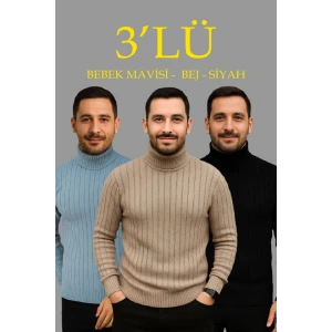 Erkek Fitilli Triko Kazak 3lü Set Bebek Mavisi Bej Siyah Regular Balıkcı Yaka Tam Boğazlı Triko Seti Modeli Kazak