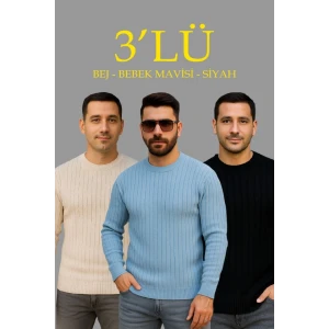 Erkek Fitilli Triko Kazak 3’lü Set – Bej, Bebek Mavisi, Siyahkalın Dokuma Pamuklu Regular Fit Bisiklet Yaka Uzun Kollu Kışlık Ve Baharlık Rahat Triko Kombini