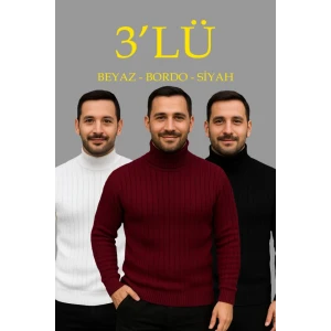 Erkek Fitilli Triko Kazak 3lü Set Beyaz Bordo Siyah Regular Balıkcı Yaka Tam Boğazlı Triko Seti Modeli Kazak