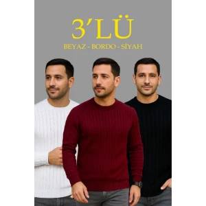 Erkek Fitilli Triko Kazak 3lü Set Beyaz Bordo Siyah Regular Fit Bisiklet Yaka Triko Seti