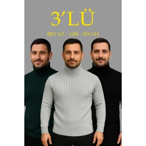 Erkek Fitilli Triko Kazak 3lü Set Gri Haki Siyah Regular Balıkcı Yaka Tam Boğazlı Triko Seti Modeli Kazak