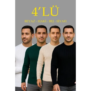 Erkek Fitilli Triko Kazak 4’lü Set – Beyaz, Haki, Bej, Siyahkalın Dokuma Pamuklu Regular Fit Bisiklet Yaka Uzun Kollu Kışlık Ve Baharlık Rahat Triko Kombini