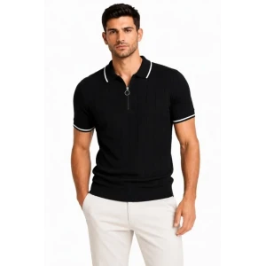 Erkek Fitilli Triko T-shirt Polo Yaka Yarım Fermuarlı Kısa Kollu Tişört - Siyah