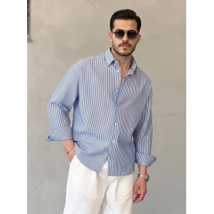 Erkek İnce Çizgili Gofre Kumaş Rahat Kalıp Gömlek