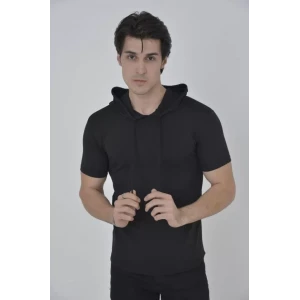 Erkek Kapşonlu Slim Fit T-shirt - Siyah