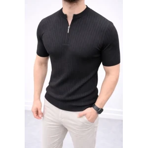 Erkek Kısa Kol Fitilli Triko T-shirt Yazlık Hakim Yaka Tişört - Siyah