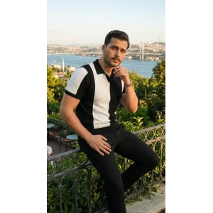 Erkek Kısa Kollu Polo Yakalı Blok Desenli Triko Bluz