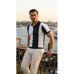 Erkek Kısa Kollu Polo Yakalı Blok Desenli Triko Bluz