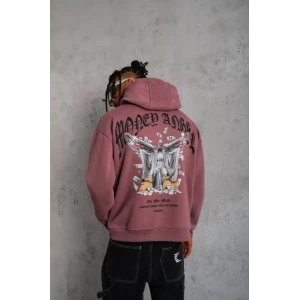 Erkek Kordon İpli Baskılı Kapüşonlu Sweatshirt - Gül Kurusu