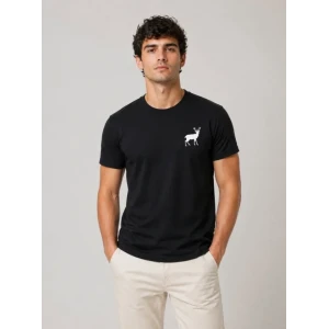 Erkek Minimal Geyik Logolu Tişört Bisiklet Yaka Kısa Kol Yazlık T-shirt - Siyah