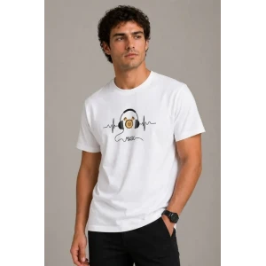Erkek Müzik Temalı Baskılı Tişört Bisiklet Yaka Kısa Kol T-shirt - Beyaz