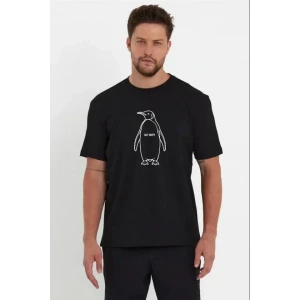 Erkek Nihilist Penguen Özel Tasarım Oversize Bisiklet Yaka Tişört - Siyah