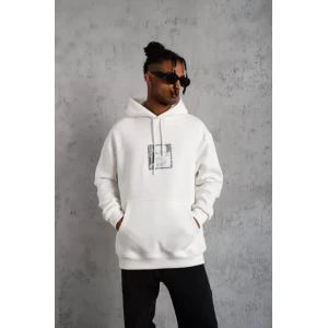 Erkek Ön Arka Baskılı Kapşonlu Sweat - Beyaz