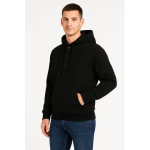 Erkek Ovarsize Kapüşonlu Swetshirt Kanguru Çepli Cıtcıtlı 3 Iplik Şardonlu Hoodie - Siyah