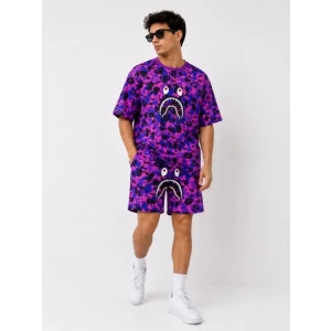 Erkek Oversize Kalıp Pubg Bape X Shark Nakışlı Cepli Şort Takım - Mor