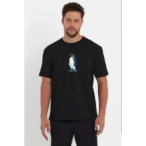 Erkek Oversize Tişört - Sırt Baskılı Survivor Penguin Temalı, Felsefi Yazılı Bisiklet Yaka Tişört - Siyah