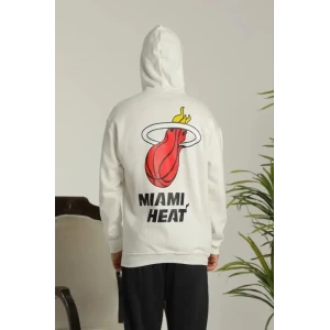 Erkek Oversize Üç İplik Kapüşonlu Sweatshirt –sırt Ve Ön Baskılı, Kanguru Cepli, Rahat Kalıp Maskot Desenli Model - Siyah Beyaz