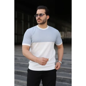 Erkek Renk Bloklu Bisiklet Yaka Kısa Kollu Triko Tişört