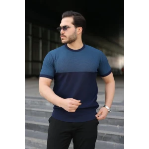 Erkek Renk Bloklu Bisiklet Yaka Kısa Kollu Triko Tişört