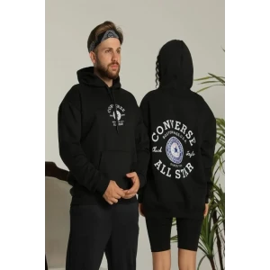 Erkek Sırt Baskılı Oversize Üç İplik Kapüşonlu Hoodie Sweatshirt - Siyah