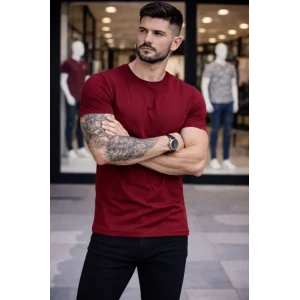 Erkek T-shirt Bisiklet Yaka Slim Fit Dar Kesim Likralı Tişört Günlük Basic Body - Bordo