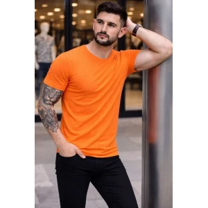Erkek T-shirt Bisiklet Yaka Slim Fit Dar Kesim Likralı Tişört Günlük Basic Body - Turuncu