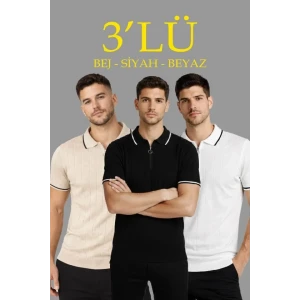Erkek Triko Tişört Fermuar Yakalı Kısa Kol T-Shirt 3’lü Set Bej-Beyaz-Siyah