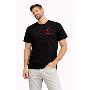 Erkek Türkiye Ay Yıldız Baskılı Taraftar Forma T-shirt - Siyah